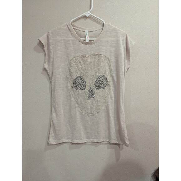 Gorgeous multimedia skull embroidered cream babydoll  tshirt by Eunishop size S - Picture 1 of 7